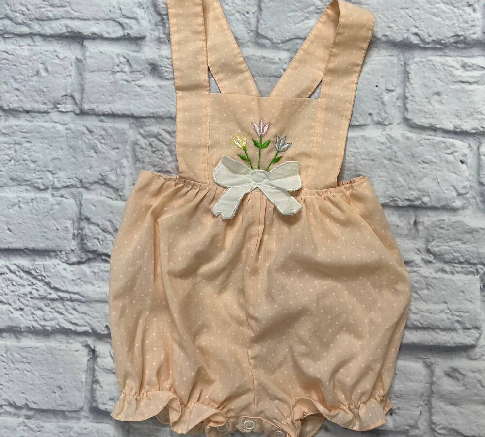 Vintage Cuties by Judy Romper Overall Peach Pink Dot Size 12 months Tulip Bow